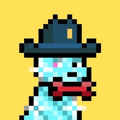Official Devin Teer gold-background cyan pixel dog in a black hat